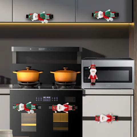 Polyester Christmas Refrigerator Door Handle Covers Santa Claus Snowman Protective Sleeves For Holiday Home Kitchen Appliances Decor