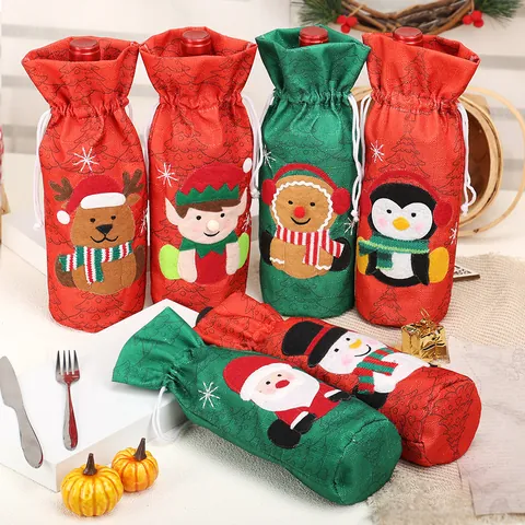 Christmas Wine Bottle Cover Santa Snowman Reindeer Elf Penguin Gingerbread Man Polyester Drawstring Gift Bag Table Decor