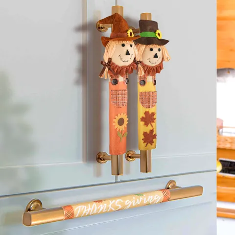 Thanksgiving Scarecrow Refrigerator Handle Covers Kitchen Appliance Decorative Protectors Autumn Harvest Theme Home Decor