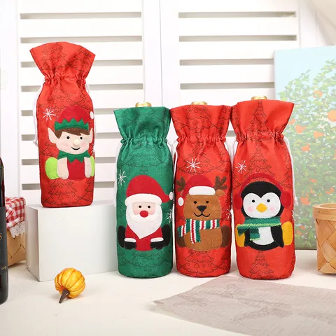 Christmas Wine Bottle Cover Santa Snowman Reindeer Elf Penguin Gingerbread Man Polyester Drawstring Gift Bag Table Decor