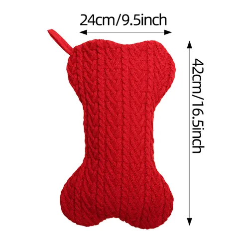 Chaussette de Noël en Forme d'Os en Tricot à Torsades Sac Cadeau pour Chiens Chats Décoration Suspendue Sapin de Noël Fête Festive Maison
