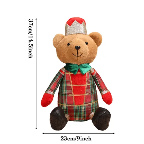 Christmas Seated Cartoon Teddy Bear Ornament Plush Bear Figurine With Plaid Outfit Crown Hat For Xmas Home Window Decoration