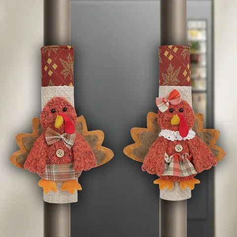 Thanksgiving Turkey Refrigerator Handle Covers 2 Pieces Autumn Maple Leaf Plaid Appliance Handle Protectors For Kitchen Oven Microwave Decor
