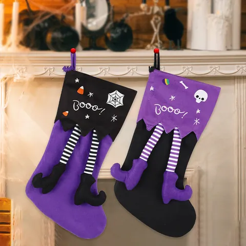 Halloween Long Witch Legs Stocking Decoration Polyester Printed Skeleton Spider Web Large Hanging Ornament Holiday Party Decor