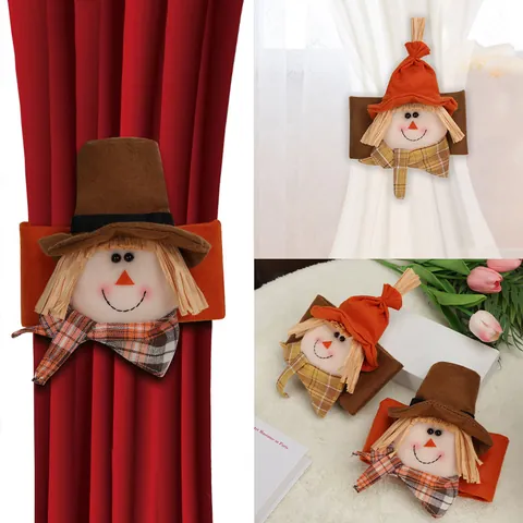 Thanksgiving Scarecrow Curtain Tieback For Home Living Room Decor Autumn Harvest Plaid Buckle Festive Holiday Decoration Accessories