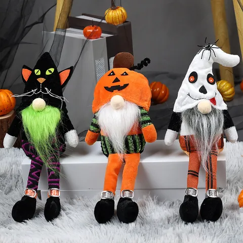 Halloween Long Legged Gnome Doll Faceless Plush Toy With Pumpkin Spider Black Cat Ornament For Home Party Decoration