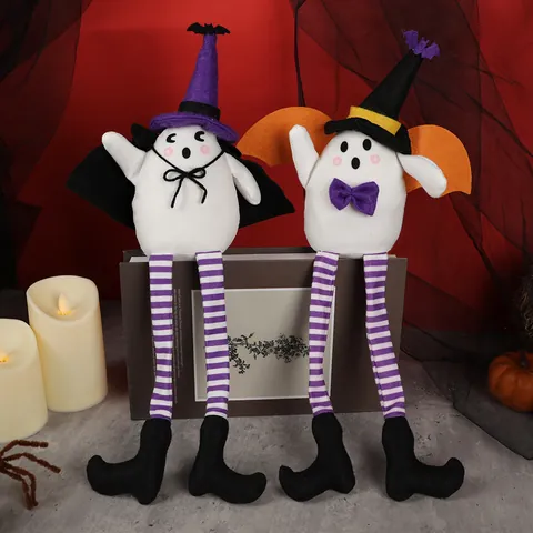 Halloween Witch Hat Long Leg Ghost Doll With Bat Wings Cloak Stripe Legs Sitting Ornament For Party Home Decoration