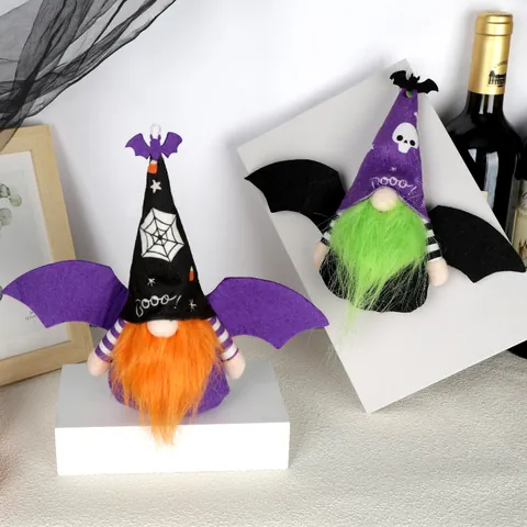 Halloween Gnome Plush Hanging Ornament With Bat Wings Faceless Doll Wizard Hat Spider Web Skull Pattern Party Home Decoration