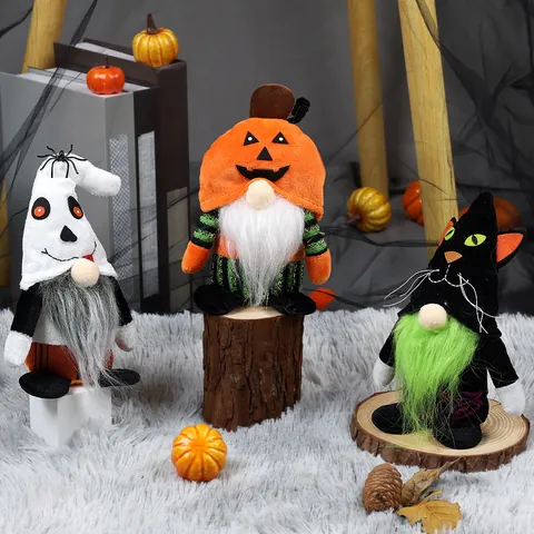 Halloween Gnome Plush Doll Long Beard Faceless Dwarf Figurine Pumpkin Ghost Black Cat Home Party Tabletop Decoration Gift