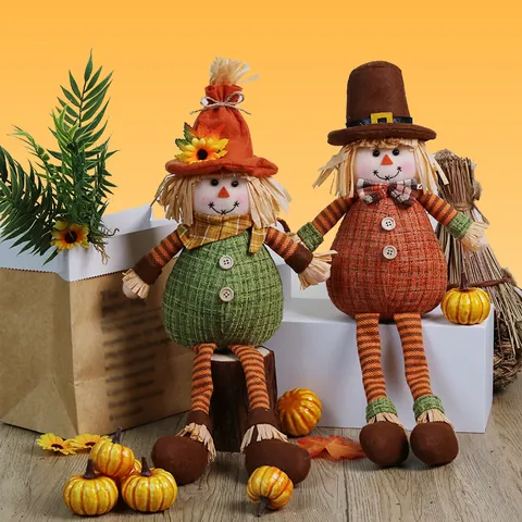 Thanksgiving Sunflower Scarecrow Doll Decoration Autumn Harvest Festival Straw Hat Hanging Leg Doll Home Table Ornament