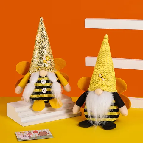 Handmade Bumblebee Festival Gnome Plush Doll Bee Themed Striped Dwarf No-Face Doll Ornament With Wings For Home Spring Party Decoration