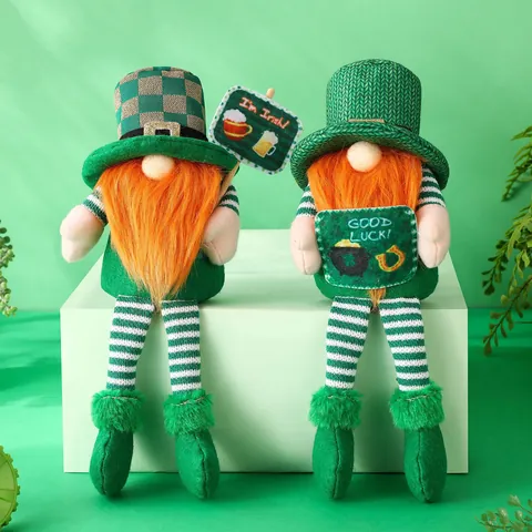 St Patrick's Day Gnome Lucky Irish Leprechaun Faceless Plush Doll Long Legs Green Clover Ornaments Holiday Party Home Decor