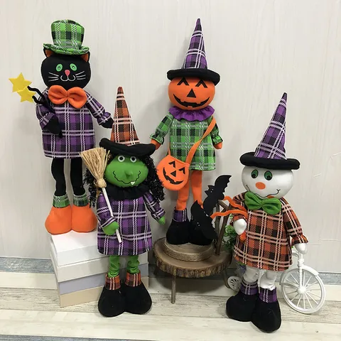 Halloween Retractable Plush Doll Pumpkin Witch Black Cat Ghost Figurine Halloween Party Home Decor Plaid Fabric Extendable Leg Doll Ornament