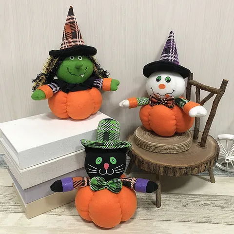 Halloween Pumpkin Plush Doll Decoration Witch Ghost Black Cat Figurines Home Party Bar Festive Plush Toy Ornament