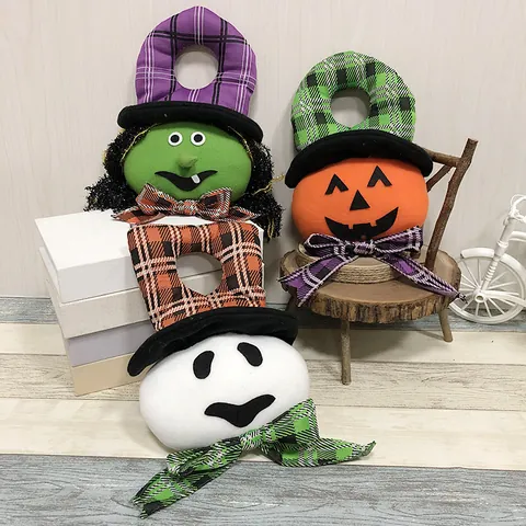 Halloween Door Hanging Decoration Plush Witch Pumpkin Ghost Doll Gingham Plaid Bow Pendant For Hotel KTV Mall Party Decor