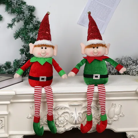 Christmas Long Leg Elf Doll Sitting Sequin Hat Elf Figurine Stuffed Plush Toy For Home Holiday Decoration Gift Xmas Ornament