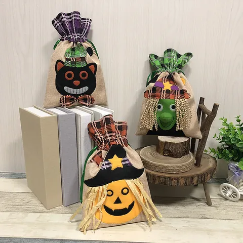 Sacchetto di Caramelle di Halloween Per Bambini Motivo Zucca Strega Gatto Nero Sacchetto Regalo Con Coulisse Per Decorazione Festa Borsa in Tessuto Fatta a Mano
