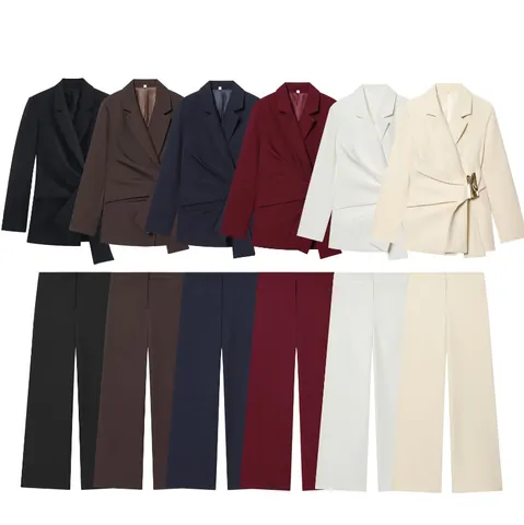 Chaqueta Americana de Poliéster Casual de Negocios para Mujer o Pantalón Recto con Detalle de Hebilla Traje de Trabajo Profesional Top Bottom