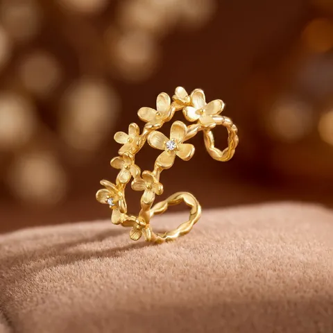 Anillo de Flor Cepillado Artesanal de Plata de Ley 925 Mujer Chapado en Oro 10K Circonia Botánica Anillo Ajustable