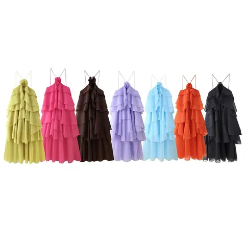 Elegant Halter Maxi Dress With 3D Flower Decoration Multi-Layer Ruffle Tiered Chiffon Look Wedding Party Vacation For Women
