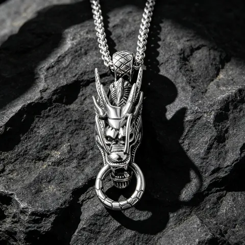 Vintage Stainless Steel Chinese Dragon Head Pendant Necklace Men Retro Punk Zodiac Dragon Jewelry Necklace Accessory