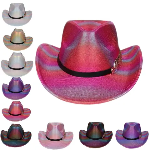 Iridescent Metallic Western Cowboy Hat Holographic Rainbow Festival Party Hat With Gold Feather Metal Accessory For Women Men