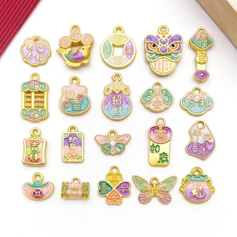Chinese Style Zinc Alloy Enamel Drip Charms Auspicious Traditional Motif Antique Gold Tone Pendants Jewelry Making DIY Crafting Findings Accessory