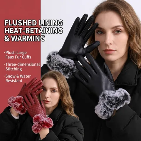 Women's Winter PU Leather Gloves Warm Fleece Lined Quilted Gloves With Faux Fur Trim Touchscreen Cold Weather Mittens