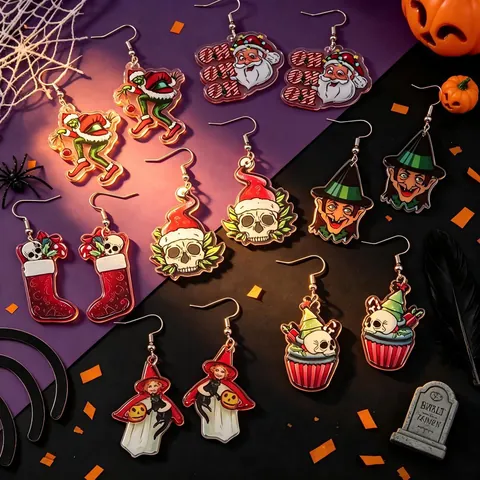 Festive Double Sided Acrylic Drop Earrings Cartoon Santa Witch Skull Pattern Christmas Halloween Party Jewelry For Women