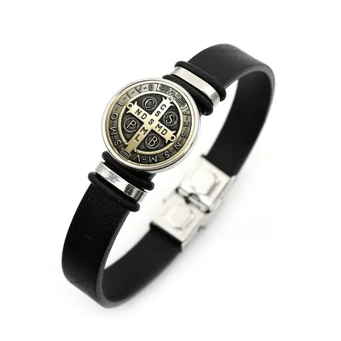 Bracelet Médaille de Saint Benoît Bracelet en Similicuir Incrustation de Verre Alliage Bijoux Protection Amulette Religieuse Pour Hommes Femmes Cadeau Quotidien Décontracté
