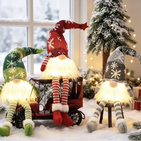 Christmas Gnome Plush Faceless Doll LED Light Up Knitted Fabric Faux Fur Snowflakes Pattern Home Window Decor Ornament