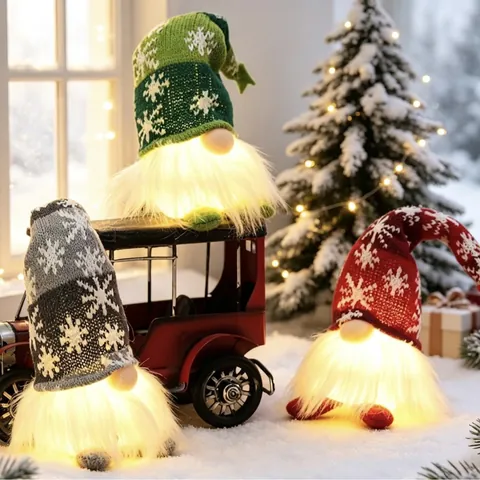 Christmas Gnome Plush Faceless Doll LED Light Up Knitted Fabric Faux Fur Snowflakes Pattern Home Window Decor Ornament