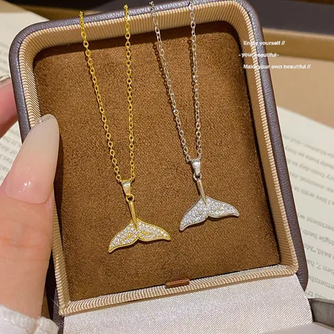 Mermaid Tail Whale Tail Pendant Necklace Stainless Steel With Zircon Inlaid Minimalist Summer Clavicle Chain For Women