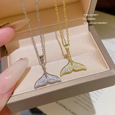 Mermaid Tail Whale Tail Pendant Necklace Stainless Steel With Zircon Inlaid Minimalist Summer Clavicle Chain For Women