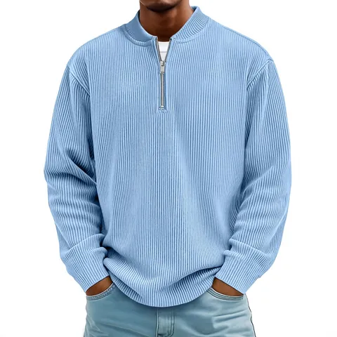 Men Autumn Casual Corduroy Long Sleeve Polo Shirt Pullover Stand Collar 1/4 Zipper Ribbed Texture Fashion Solid Color Top