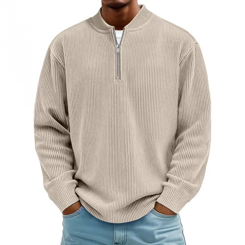 Men Autumn Casual Corduroy Long Sleeve Polo Shirt Pullover Stand Collar 1/4 Zipper Ribbed Texture Fashion Solid Color Top