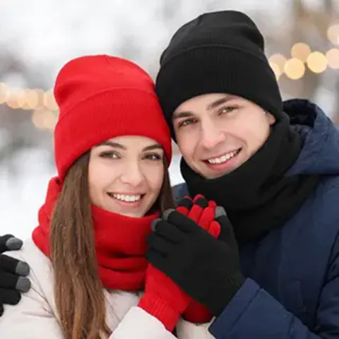 Gorro De Punto Invierno Calentador De Cuello Y Guantes Táctiles Térmico Exterior Color Sólido Para Mujer Hombre