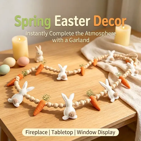 Easter Bunny Carrot Wood Bead Garland Felt Rabbit Farmhouse Wall Hanging Mantel Decor Spring Festive Ornament
