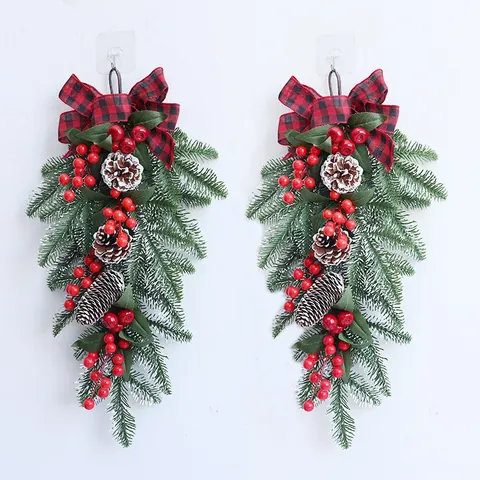 Kerst Teardrop Swag Kunstmatige Dennennaalden Rode Bessen Dennenappels Fluwelen Geruite Strik Ornamenten Voordeur Wanddecoratie