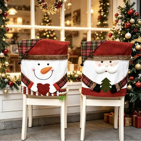Housses De Dossier De Chaise De Noël Père Noël Bonhomme De Neige Renne Tissu Lin Décoration Salle À Manger Festive