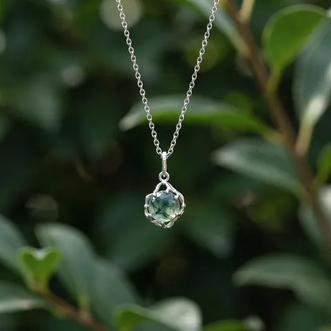 Collar con Colgante de Ágata Musgo de Plata de Ley 925 Vintage Elegante Piedra Natural Verde Redonda Diseño de Enredadera Mujer