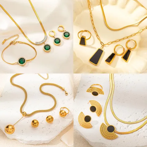Luxury 18K Gold Plated Titanium Steel Jewelry Set For Women Vintage Emerald Zirconia Necklace Earrings Bracelet Ring Set