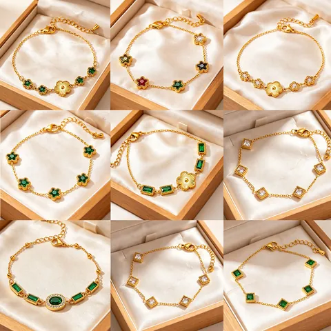 Vintage Stainless Steel Gold Plated Bracelet For Women Zirconia Star Flower Charms Adjustable Link Chain Fashion Jewelry