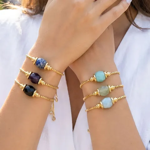18K Vergoldetes Kupfer Naturstein Verstellbares Armband Unregelmäßiges Lapis Amethyst Edelstein Schiebe Kette Armband Für Damen Schmuck