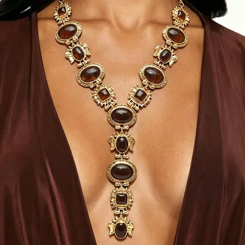 Bohemian Vintage Alloy Resin Stone Y-Shaped Long Pendant Necklace And Bracelet Antique Silver Ethnic Statement Jewelry