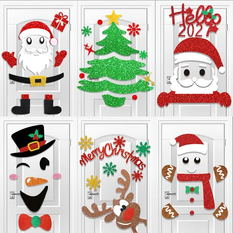 Christmas DIY Door Decoration Stickers Cartoon Santa Snowman Reindeer Tree Non-Woven Fabric Glitter Decals Home Decor