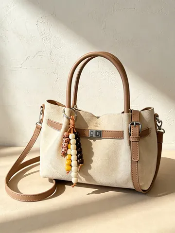 Vintage Suede Look PU Leather Bucket Crossbody Bag For Women Retro Metal Lock Shoulder Handbag With Wooden Beads Charm Daily