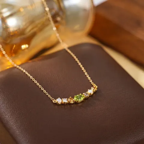 Collar de Plata de Ley 925 Con Peridoto Natural Chapado en Oro Ópalo Artificial Strass Estilo Japonés Lujo Collar de Gemas NL024311 Joyería