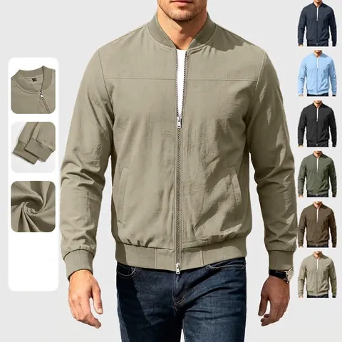 Giacca da Uomo in Puro Cotone Casual Tinta Unita Vestibilità Larga Cerniera Manica Lunga Colletto Coreana Primavera Autunno