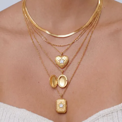 Vintage Gold Plated Stainless Steel Locket Necklace For Women Heart Oval Star Rhinestone Photo Pendant Memorial Jewelry